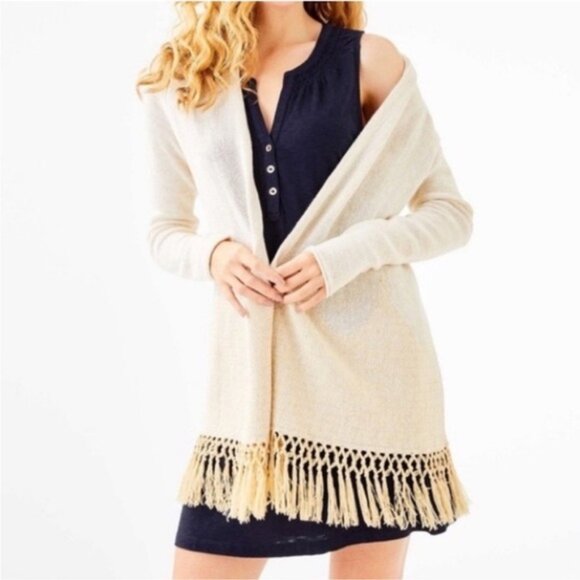 Lilly Pulitzer Tatum Fringe Hem Open Cardigan Cotton Blend Beige Gold Metallic - Picture 3 of 15